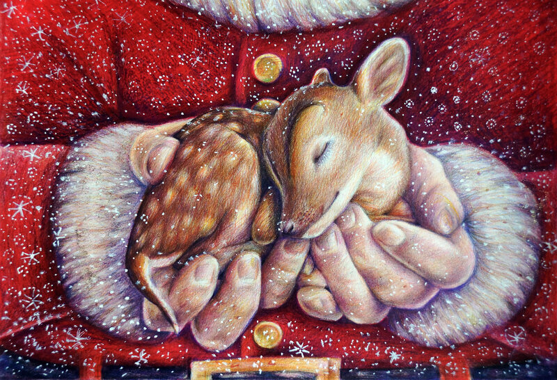 Sleeping Fawn in Hands — Red