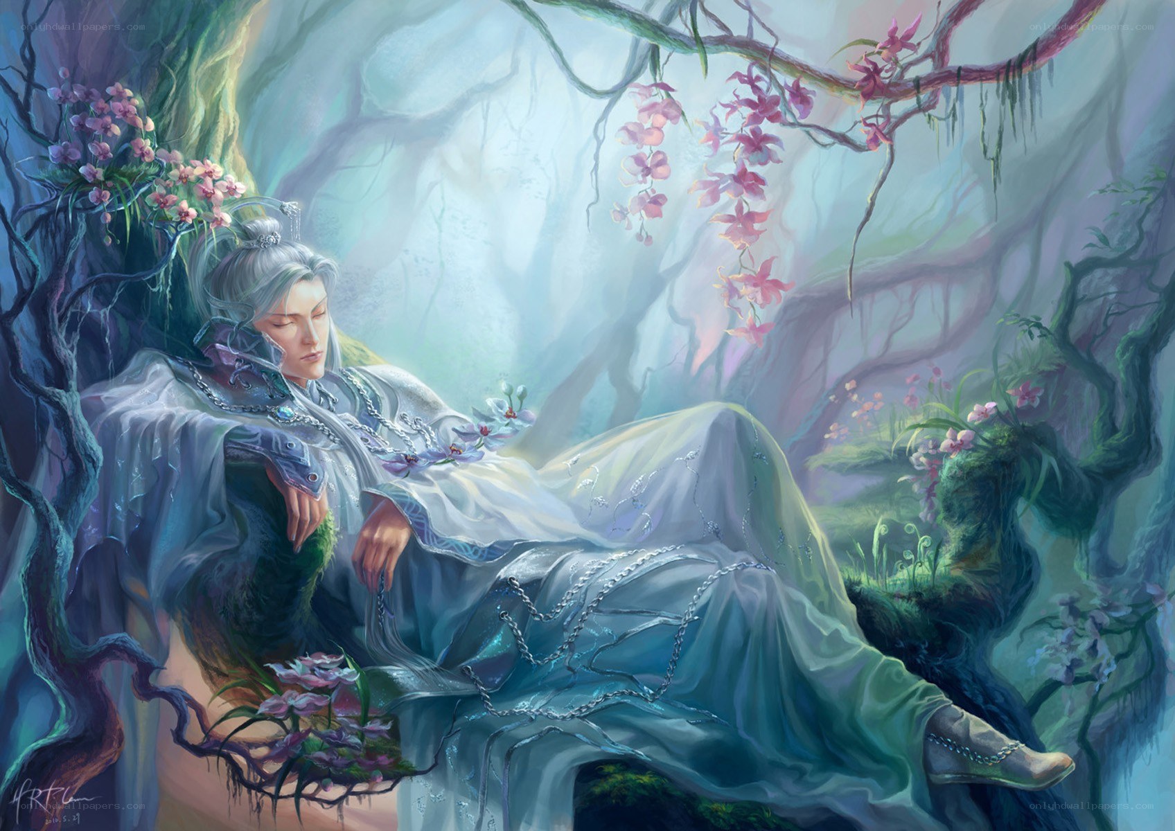 Sleeping figure in a mystical forest