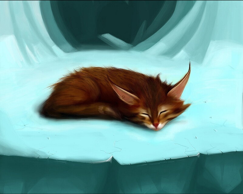 Sleeping fox cub on ice