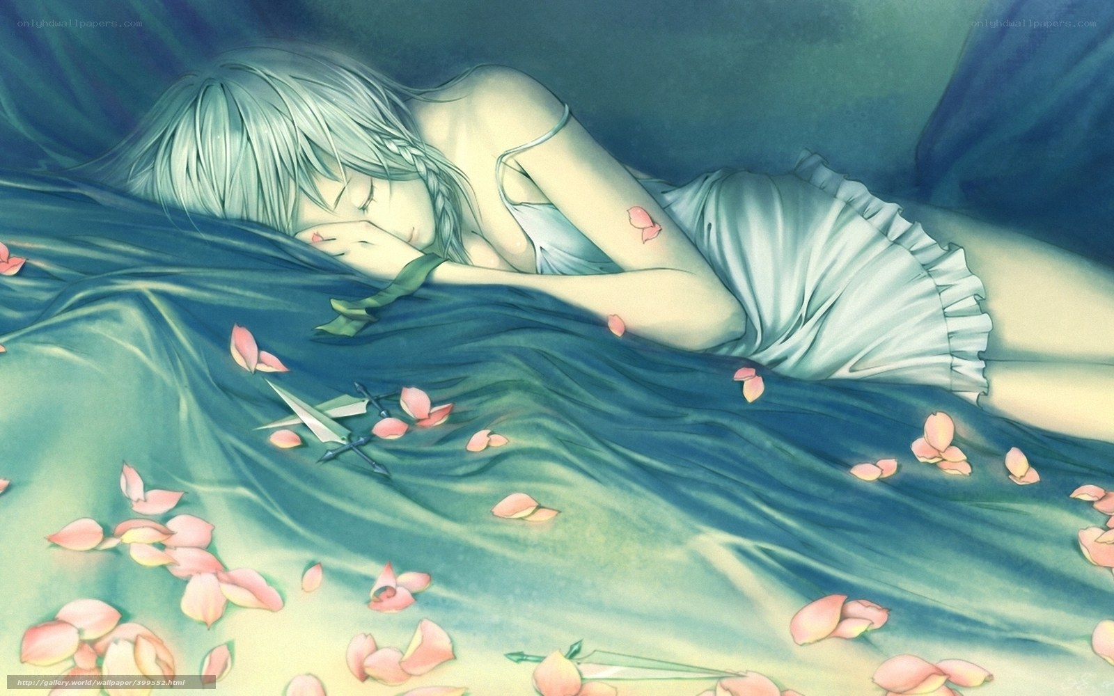 Sleeping girl with rose petals