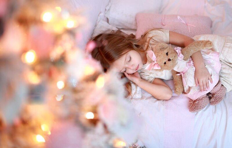 Sleeping Girl with Teddy Bear — Pink