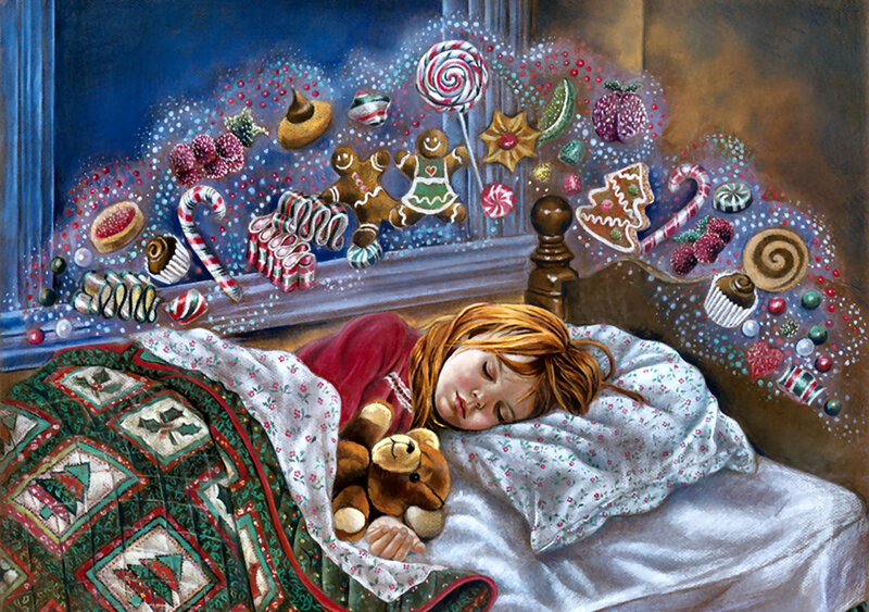 Sleeping Girl with Teddy Bear — Red, Peaceful