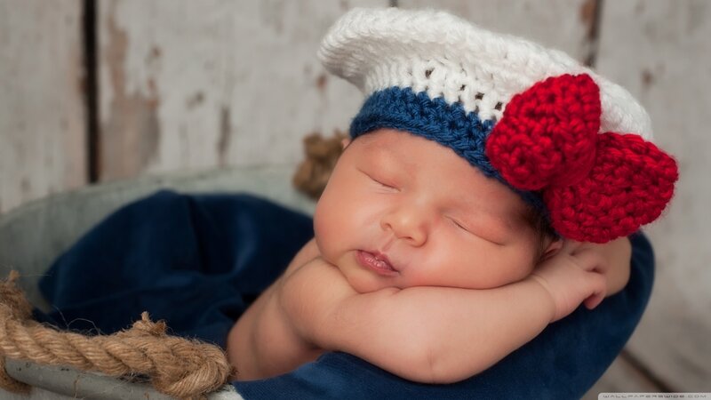 Sleeping Newborn Baby — White, Serene, Photograph, Crochet Hat, Blue Blanket