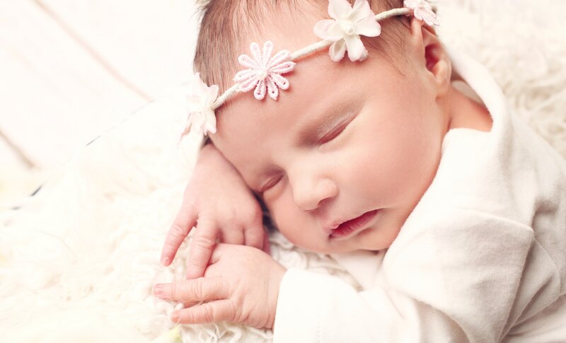 Sleeping Newborn Baby — White, Serene, Photograph, Flower Crown, White Blanket