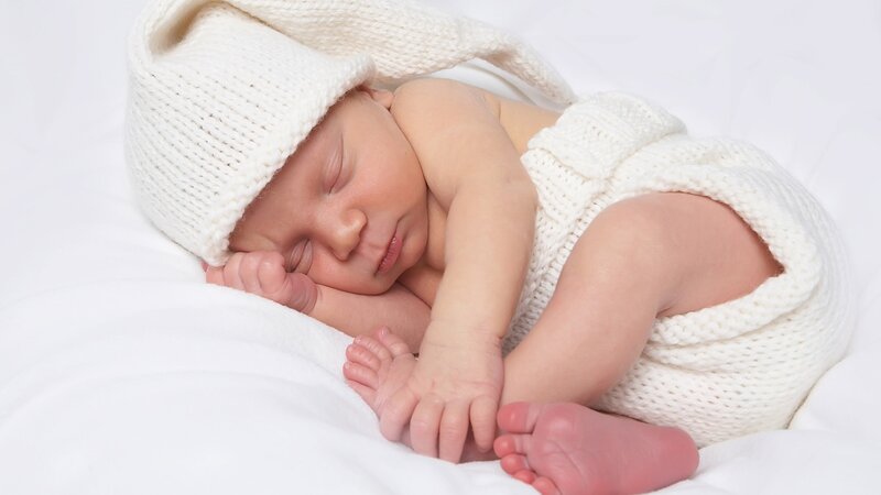 Sleeping Newborn Baby — White, Serene, Photograph, Knit Hat, Blanket
