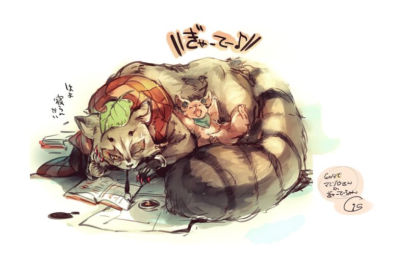 Sleeping raccoon and baby