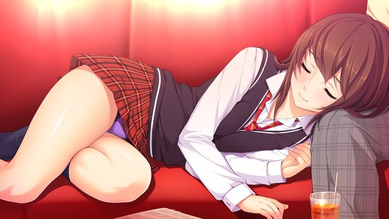 Sleeping schoolgirl on red couch
