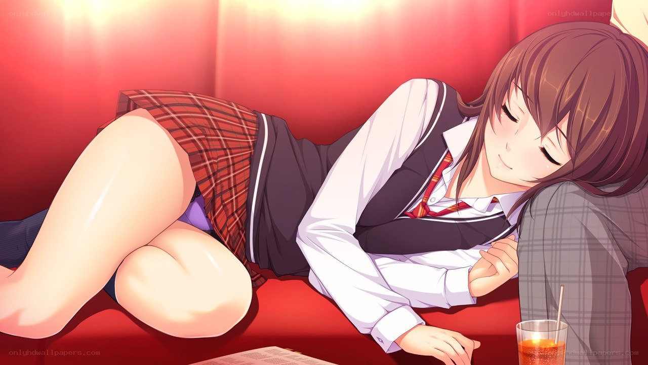 Sleeping schoolgirl on red couch