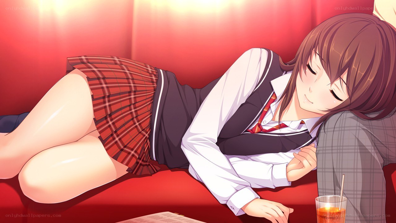 Sleeping schoolgirl on red couch