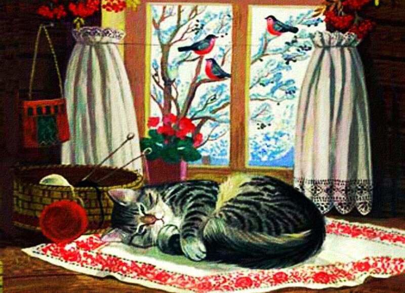 Sleeping Tabby Cat — Red, Serene, Winter