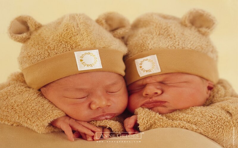 Sleeping twin babies in bear hats