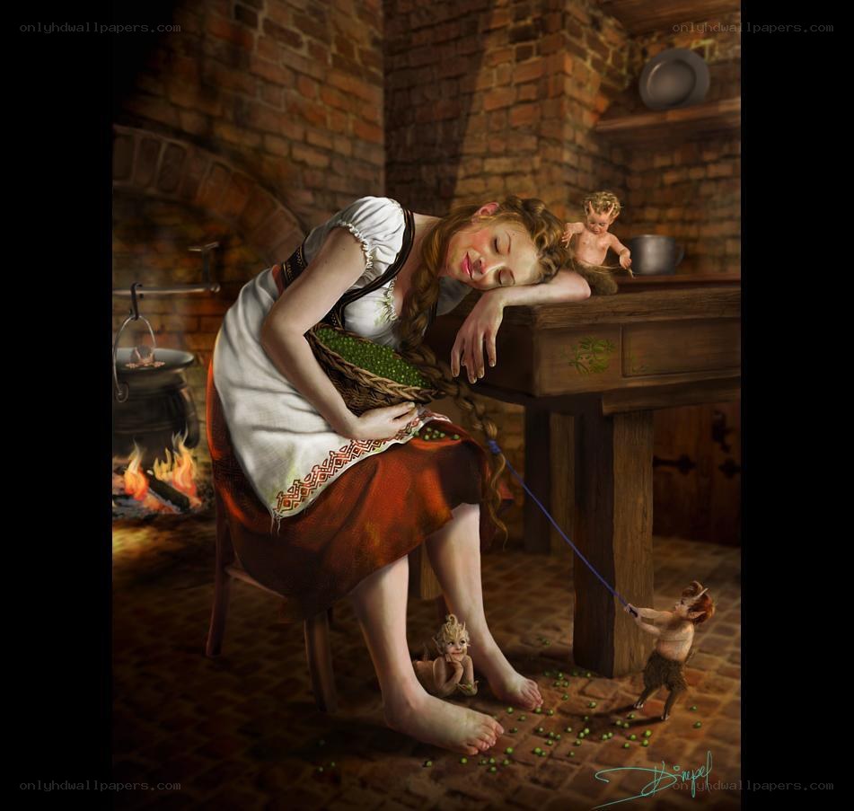 Sleeping woman in a kitchen