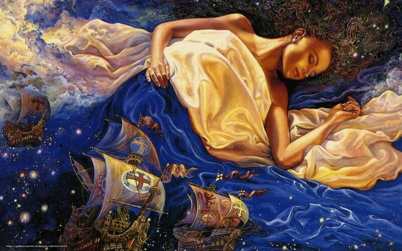 Sleeping woman with ships in sky