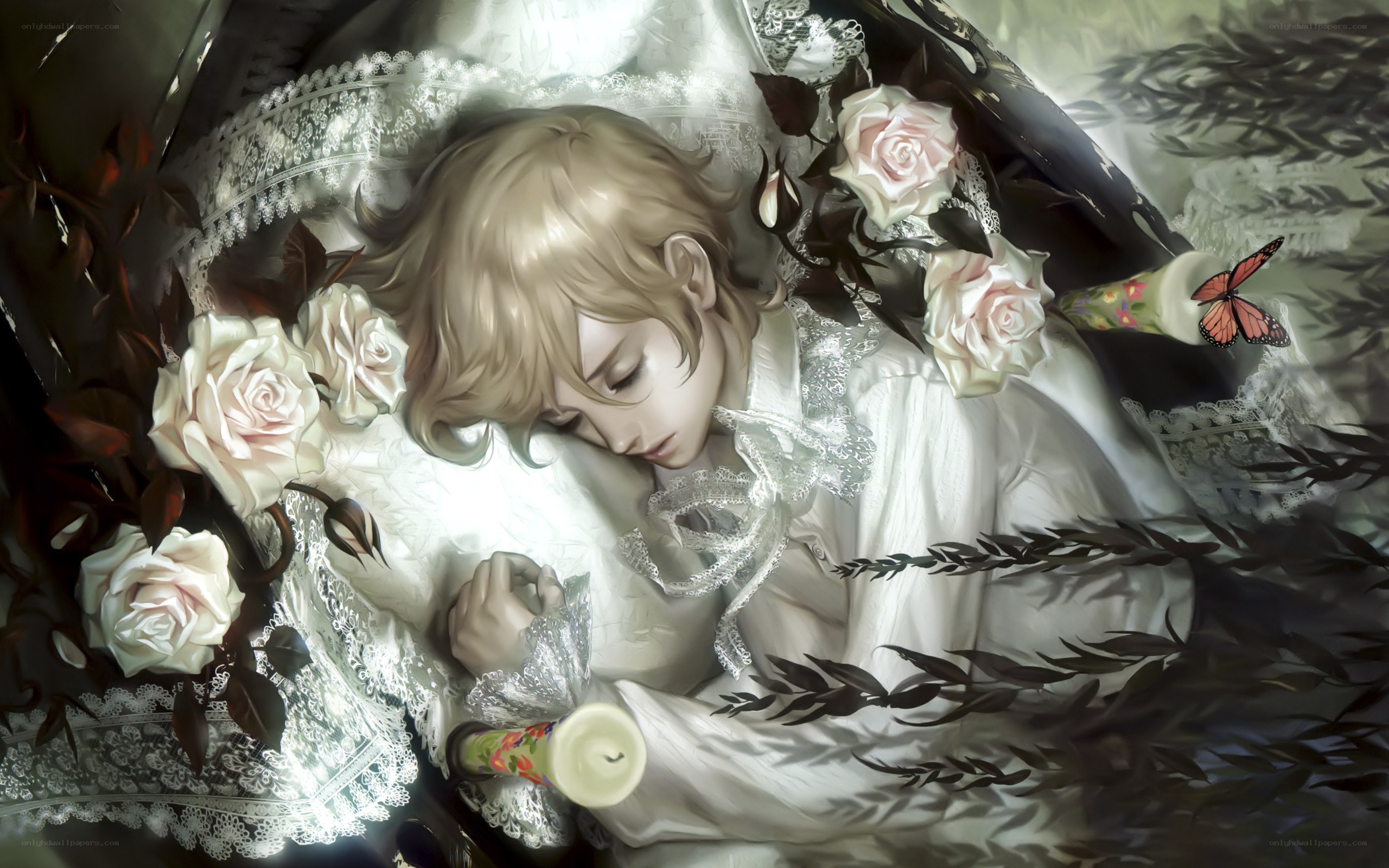 Sleeping youth with roses
