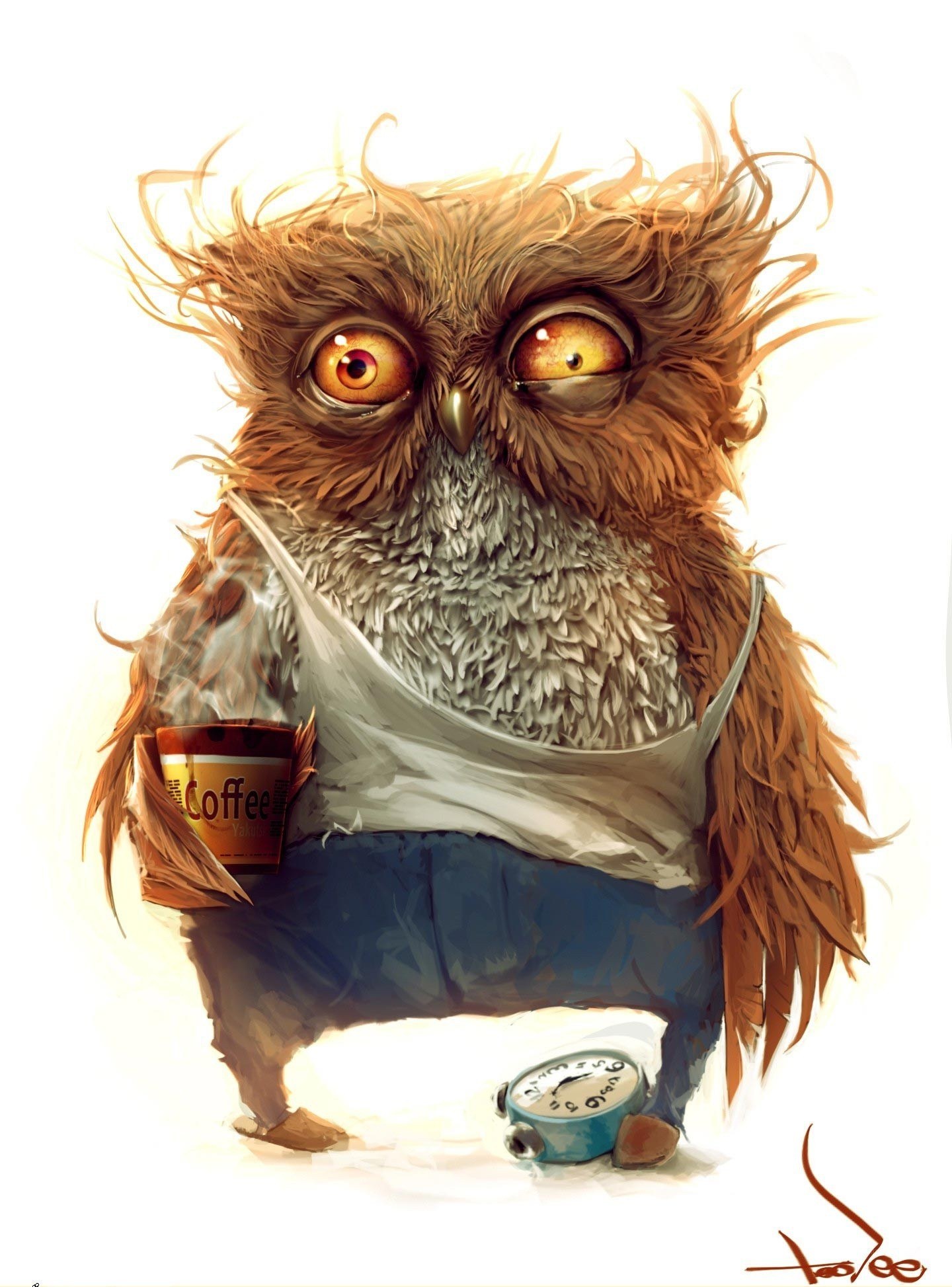 sleepy owl with coffee