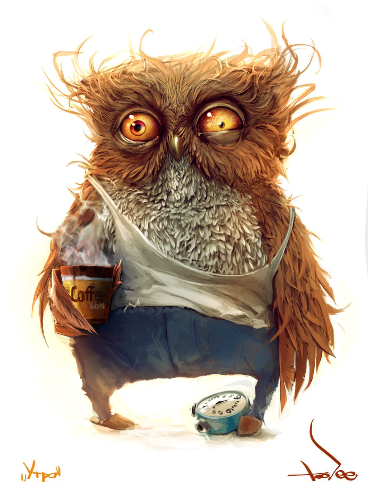 sleepy owl with coffee