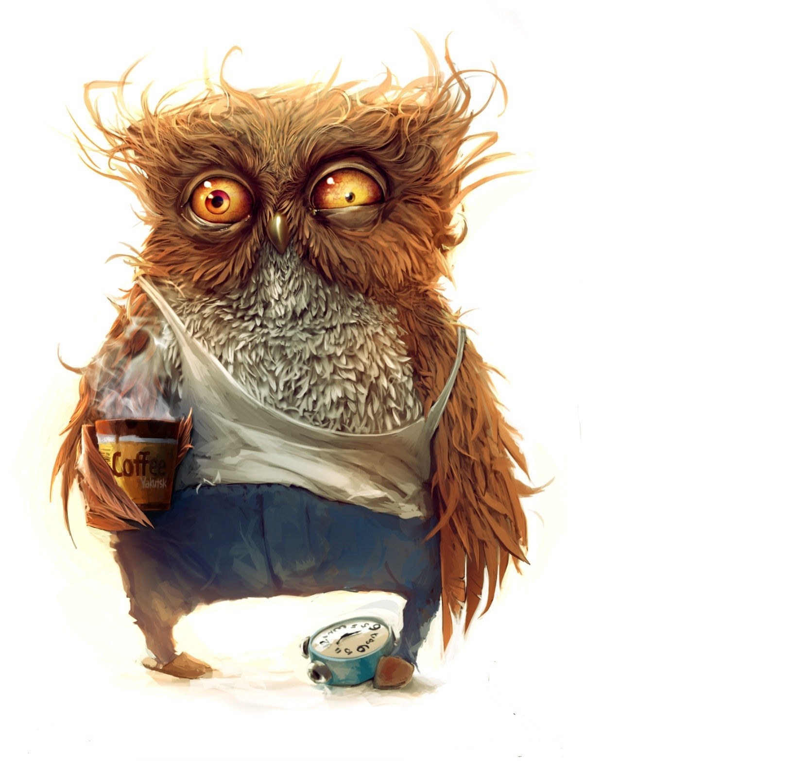 sleepy owl with coffee