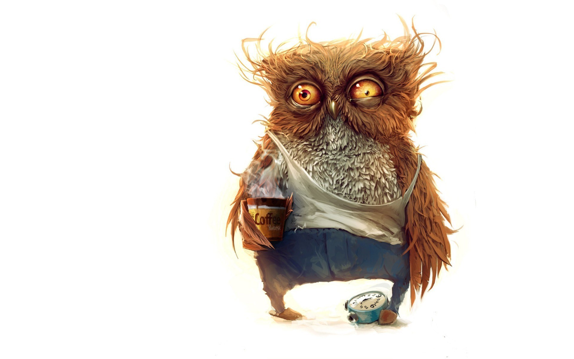 sleepy owl with coffee
