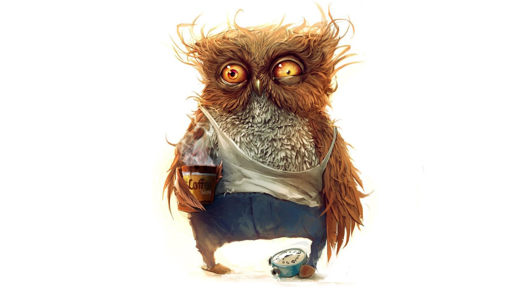 sleepy owl with coffee