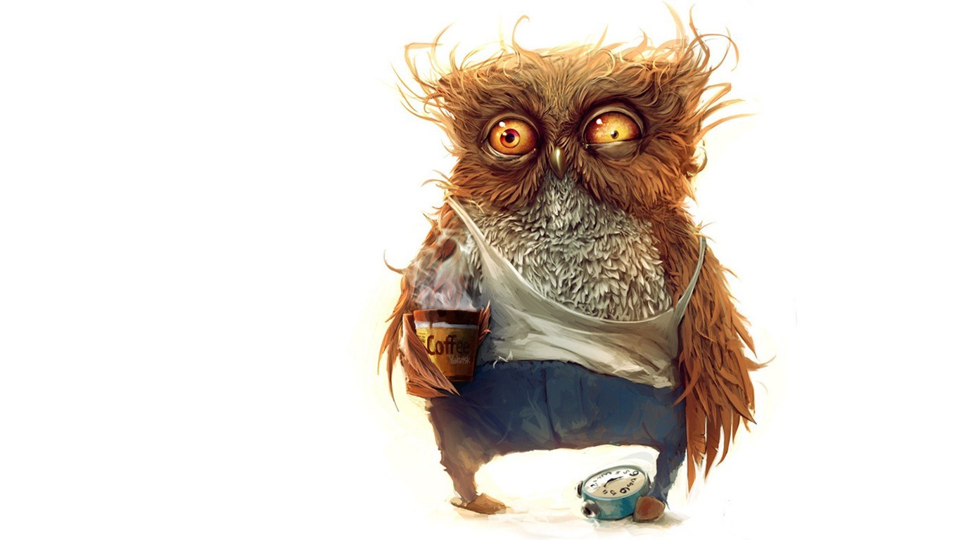 sleepy owl with coffee