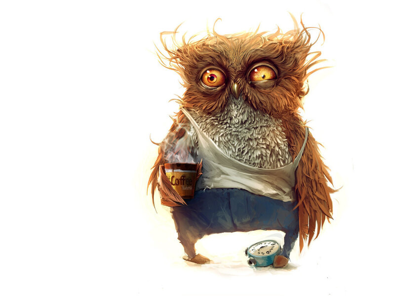 Sleepy Owl with Coffee — Brown
