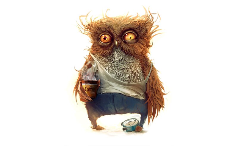 Sleepy Owl with Coffee — Brown, Tired