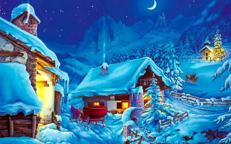 Sleigh in Snowy Village — Blue, Serene