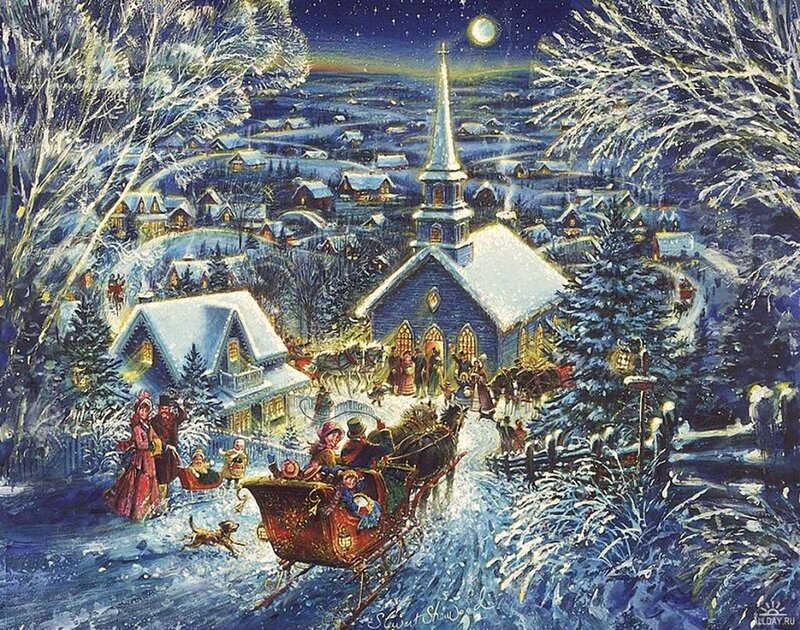 Sleigh in Snowy Village — Blue