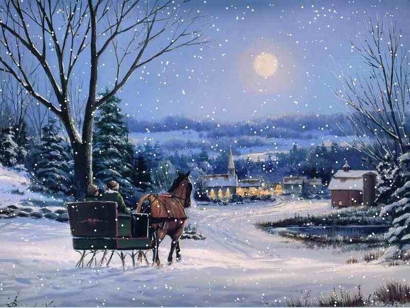 Sleigh ride in snowy village