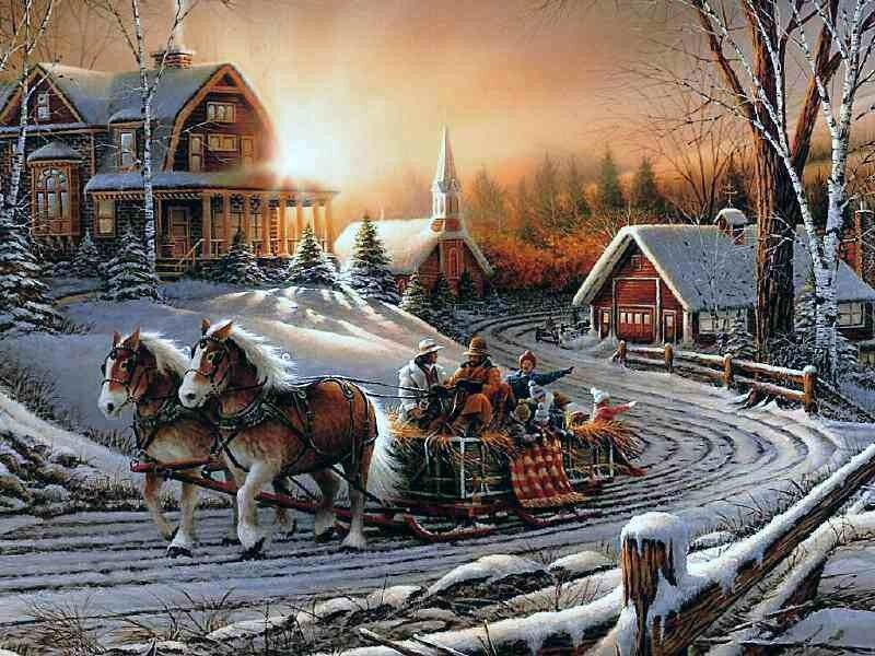 Sleigh ride in snowy village