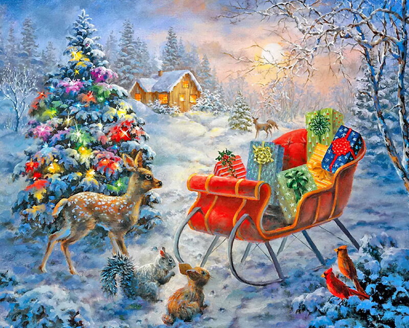 Sleigh with Gifts in Snow — Red, Festive