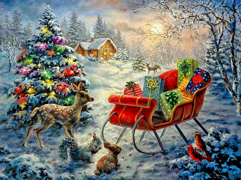 Sleigh with Gifts in Snow — Red