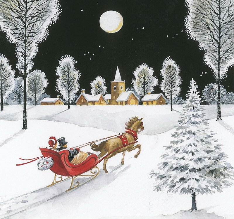 Sleigh with Horse and Riders — White