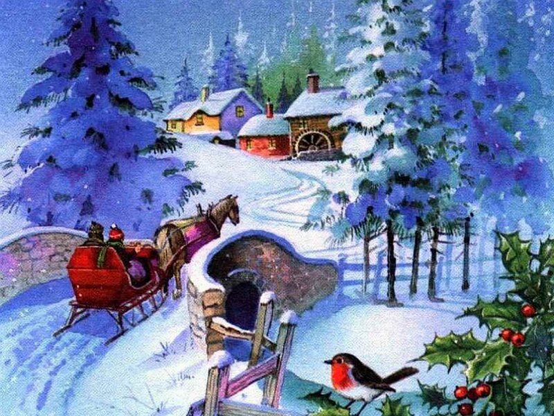 Sleigh with Horse in Snow — Blue