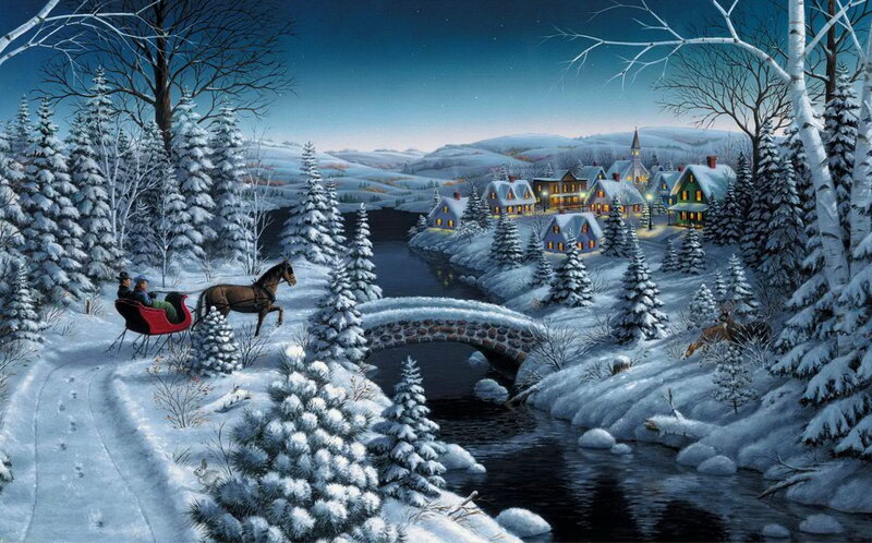 Sleigh with Horse in Snow — White