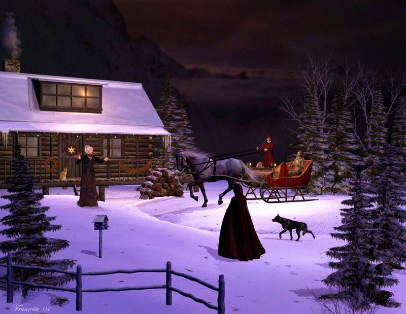 Sleigh with Horses in Snow — White, Peaceful, Night, 3d Render