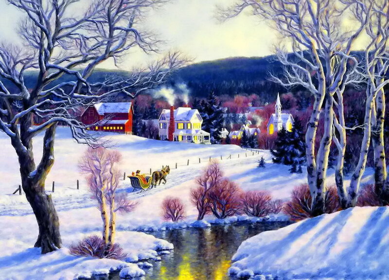 Sleigh with Horses in Snow — White, Peaceful, Winter