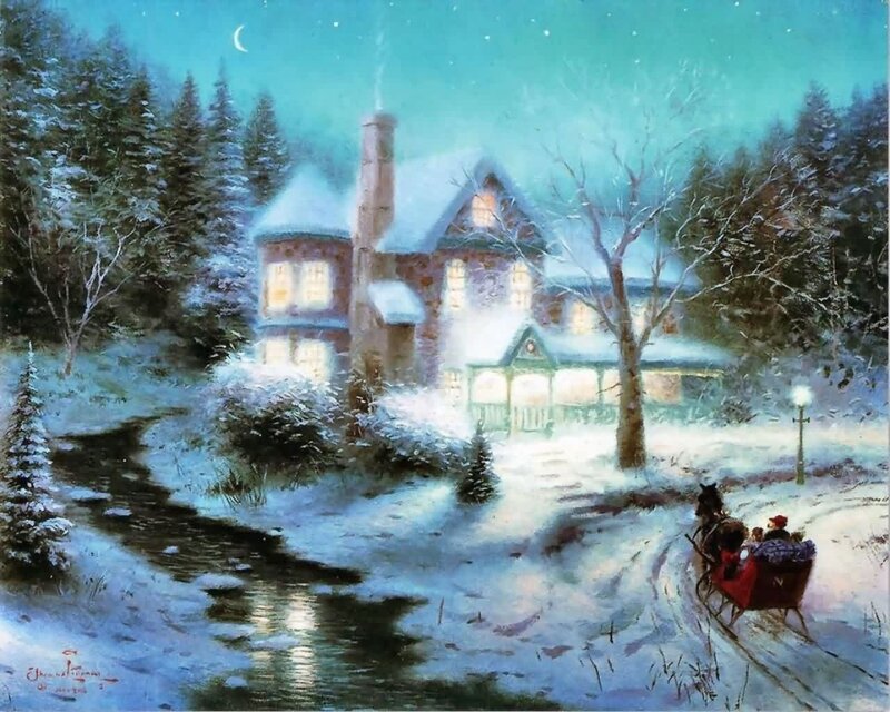Sleigh with Passengers — Blue, Serene, Night, Painting