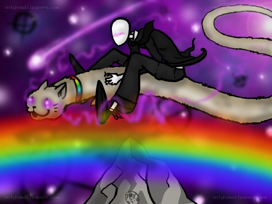 Slenderman riding a cat in space