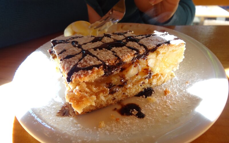 slice of cake with chocolate drizzle