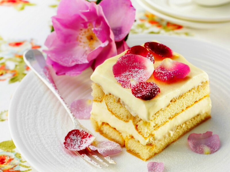 Slice of Cake with Rose Petals