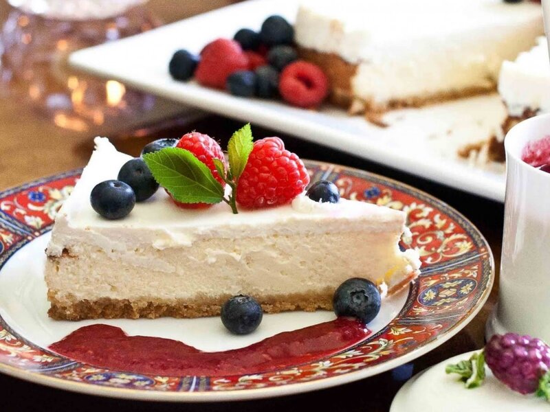 Slice of Cheesecake — White, Appetizing, Photograph, Berries, Mint Leaf
