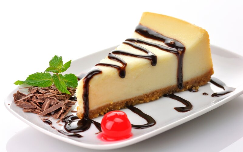 Slice of Cheesecake — White, Appetizing, Photograph, Chocolate Shavings, Mint Sprig