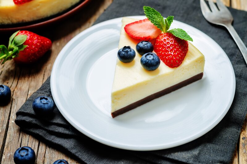 Slice of Cheesecake — White, Appetizing, Photograph, Strawberry, Blueberry, Mint