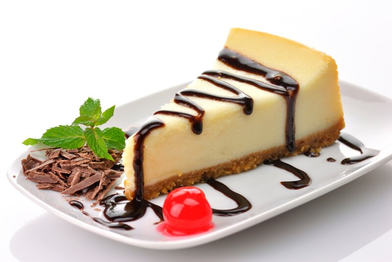 slice of cheesecake with chocolate drizzle