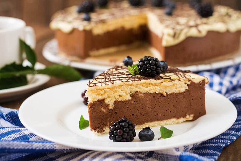 Slice of Chocolate Cake — Brown, Appetizing, Photograph, Blackberries, Blueberries