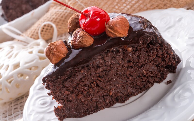 Slice of Chocolate Cake — Brown, Appetizing, Photograph, Cherry