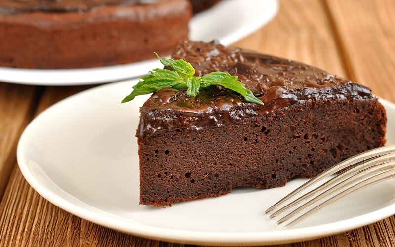 Slice of Chocolate Cake — Brown, Appetizing, Photograph, Mint Leaf, Fork