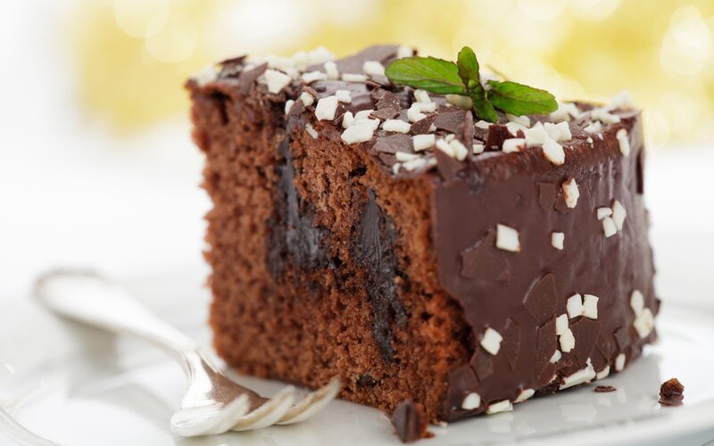 Slice of Chocolate Cake — Brown, Appetizing, Photograph, Mint Leaf