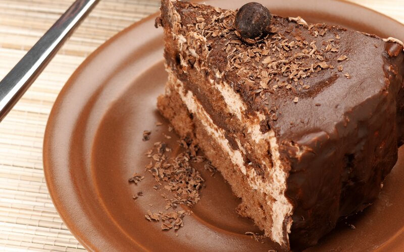 Slice of Chocolate Cake — Brown, Appetizing, Photograph, Plate, Fork